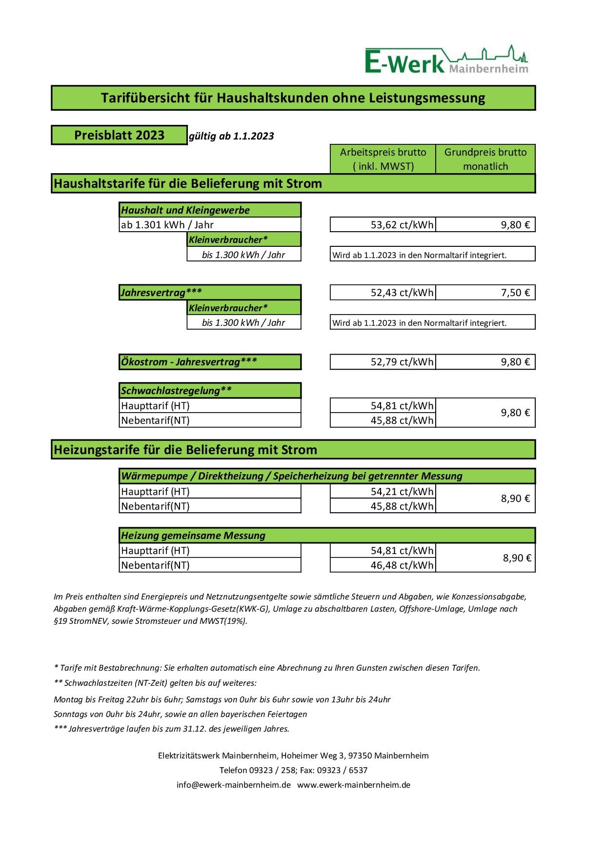 Preisübersicht Ewerk Mainbernheim Preisübersicht Ewerk Mainbernheim